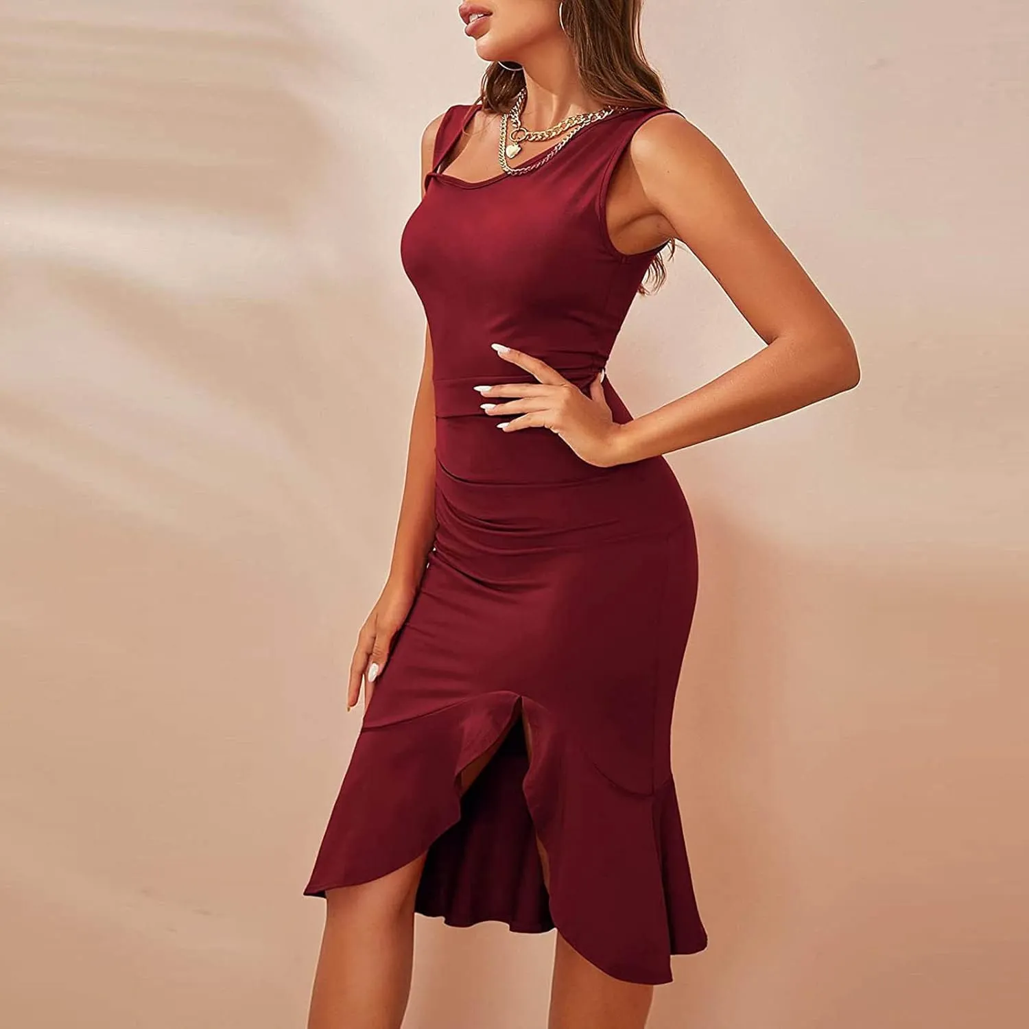 Aymnlox Summer Dress for Women 2023 Trendy Square Neck Ruched Bodycon Sleeveless Slim Midi Dresses Sexy Elegant Party Evening