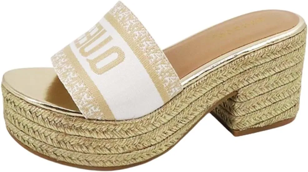 BAMBOO Womens platform raffia espadrille Chunky Block heel Slip on Sandals