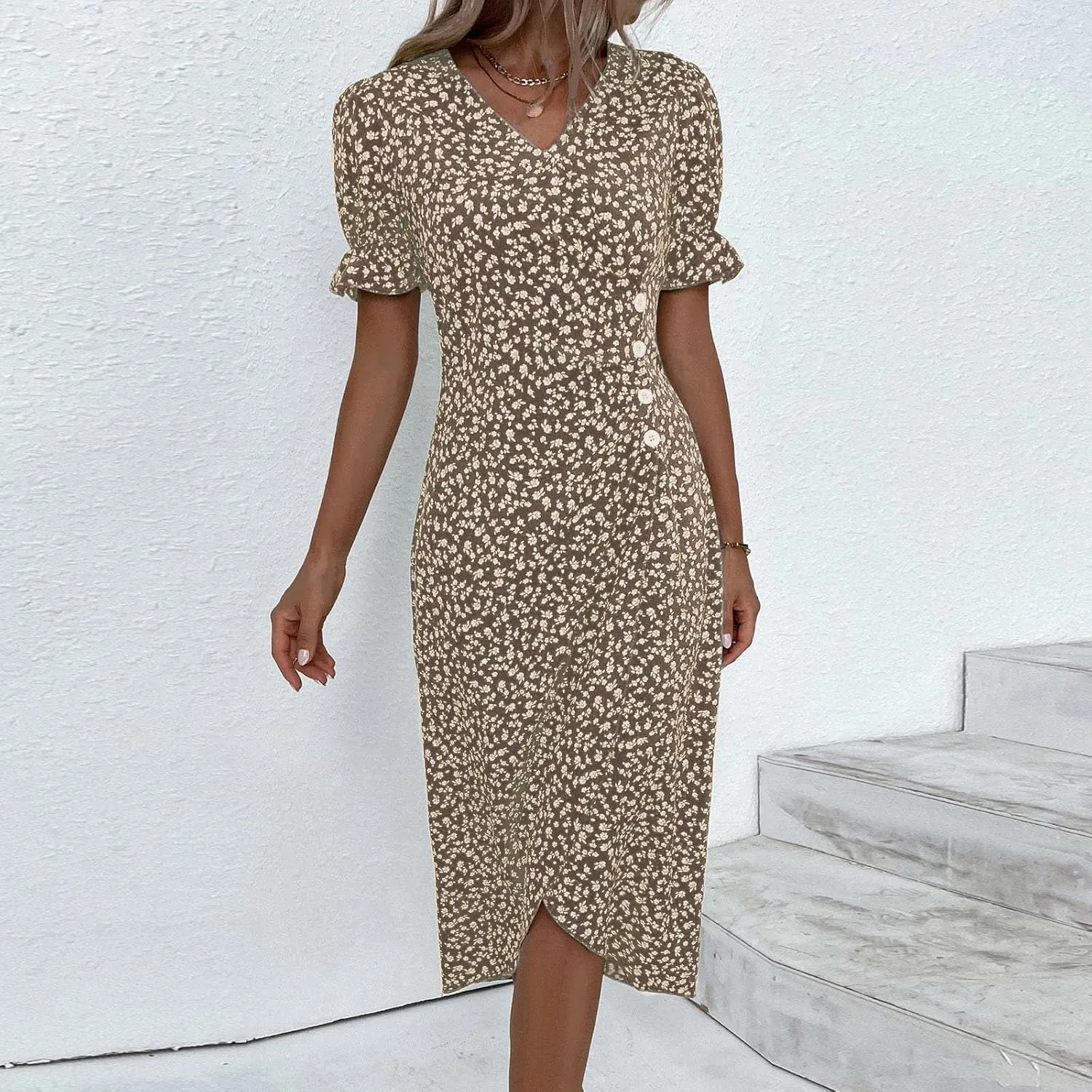 Beach Dresses for Women,2024 Summer Trendy Elegant Wrap V Neck Floral Boho Dress,Flowy Ruched Hawaiian Maxi Dress