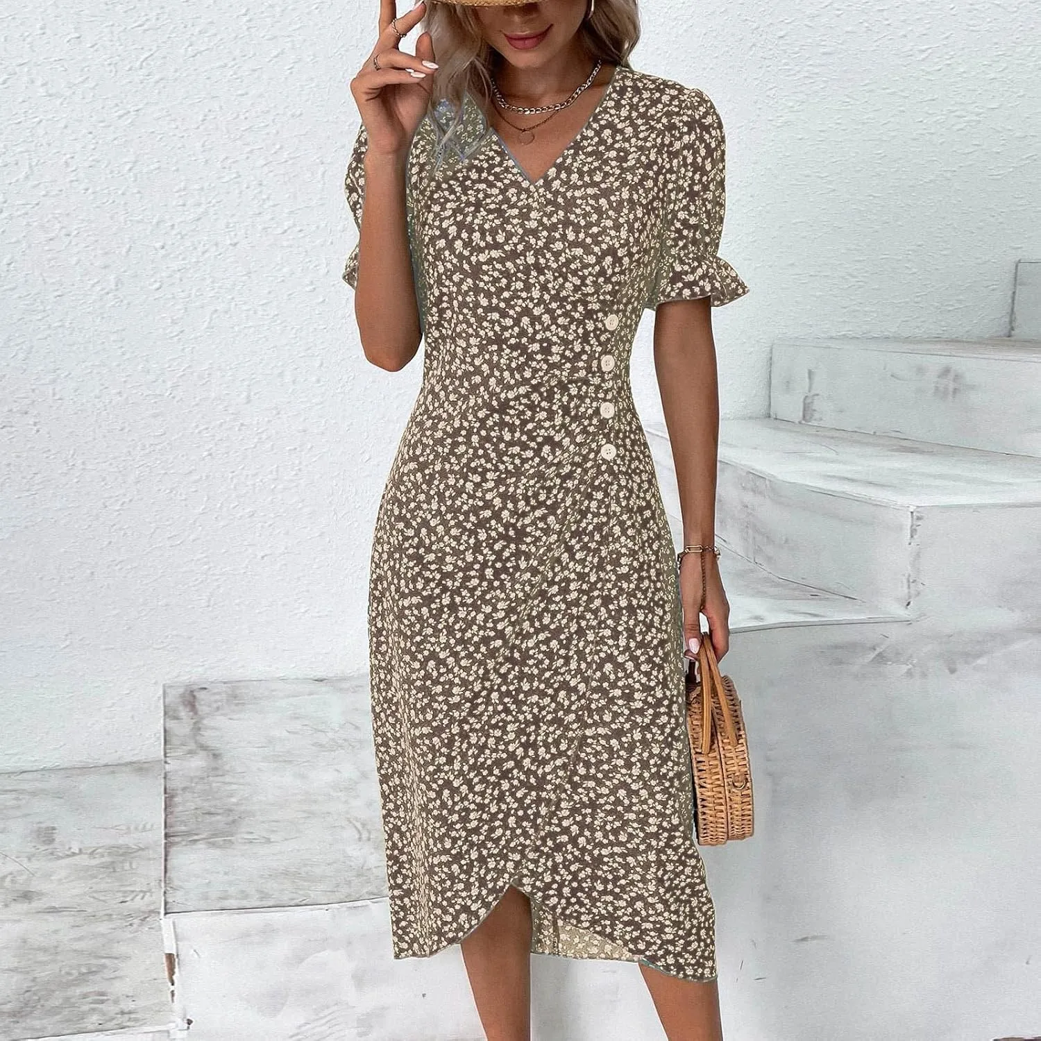Beach Dresses for Women,2024 Summer Trendy Elegant Wrap V Neck Floral Boho Dress,Flowy Ruched Hawaiian Maxi Dress