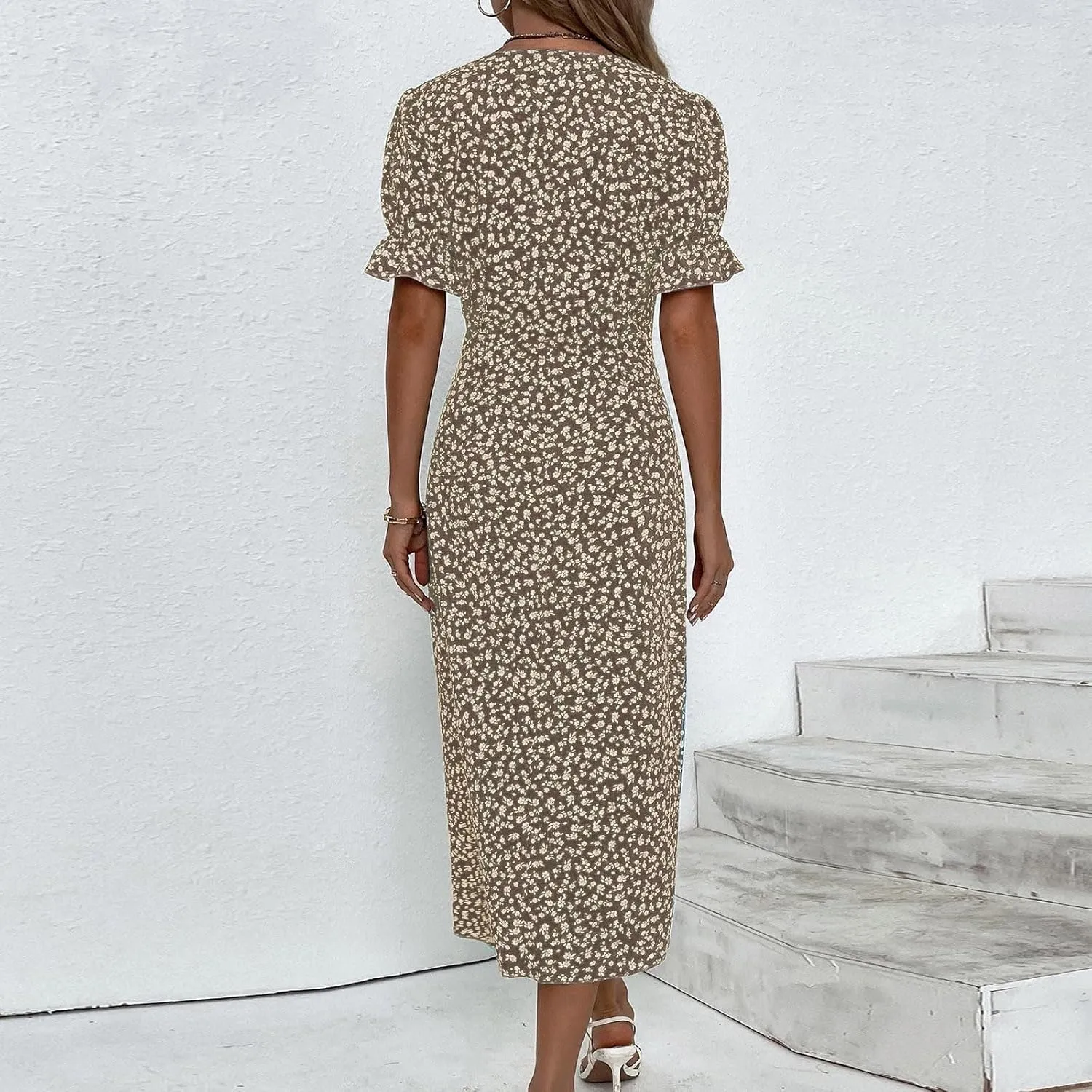 Beach Dresses for Women,2024 Summer Trendy Elegant Wrap V Neck Floral Boho Dress,Flowy Ruched Hawaiian Maxi Dress