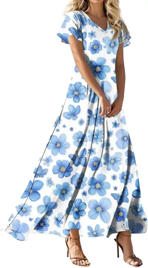 Beach Vacation Clothes for Women,Women's Loose Casual V-Neck Short Sleeved High Waisted Print Chiffon Dress