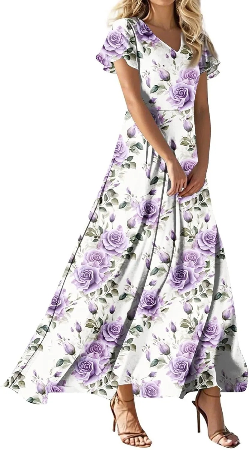 Beach Vacation Clothes for Women,Women's Loose Casual V-Neck Short Sleeved High Waisted Print Chiffon Dress
