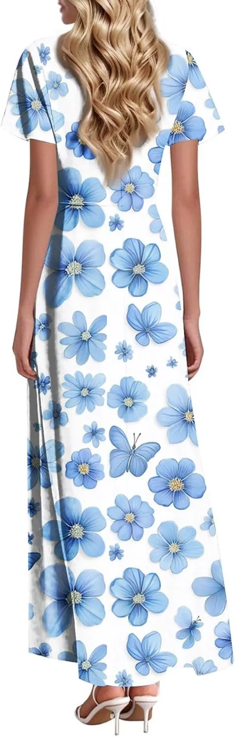 Beach Vacation Clothes for Women,Women's Loose Casual V-Neck Short Sleeved High Waisted Print Chiffon Dress