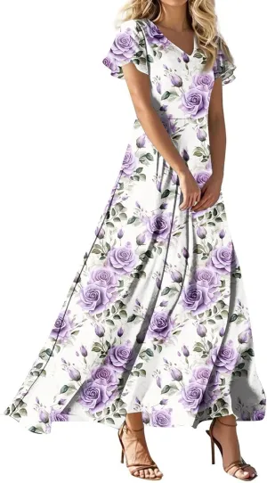 Beach Vacation Clothes for Women,Women's Loose Casual V-Neck Short Sleeved High Waisted Print Chiffon Dress