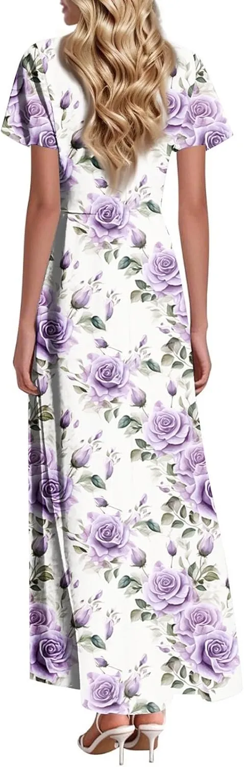 Beach Vacation Clothes for Women,Women's Loose Casual V-Neck Short Sleeved High Waisted Print Chiffon Dress