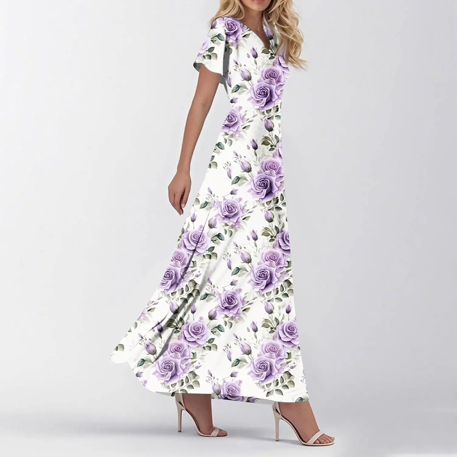 Beach Vacation Clothes for Women,Women's Loose Casual V-Neck Short Sleeved High Waisted Print Chiffon Dress