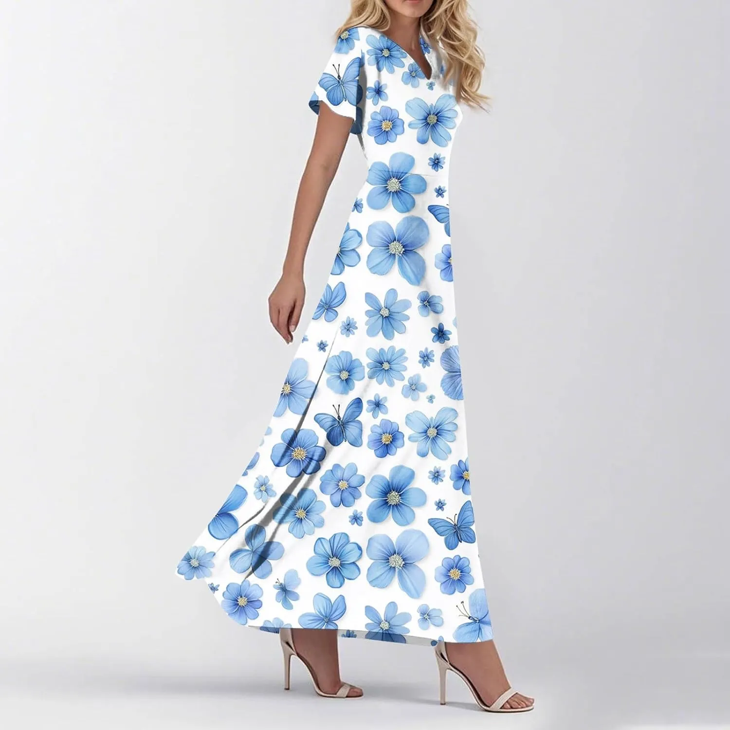 Beach Vacation Clothes for Women,Women's Loose Casual V-Neck Short Sleeved High Waisted Print Chiffon Dress