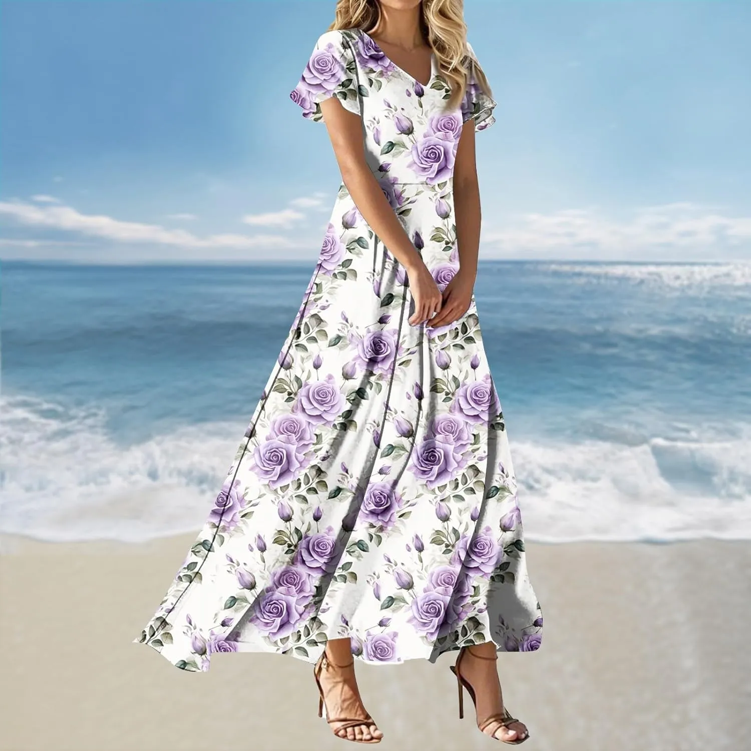 Beach Vacation Clothes for Women,Women's Loose Casual V-Neck Short Sleeved High Waisted Print Chiffon Dress