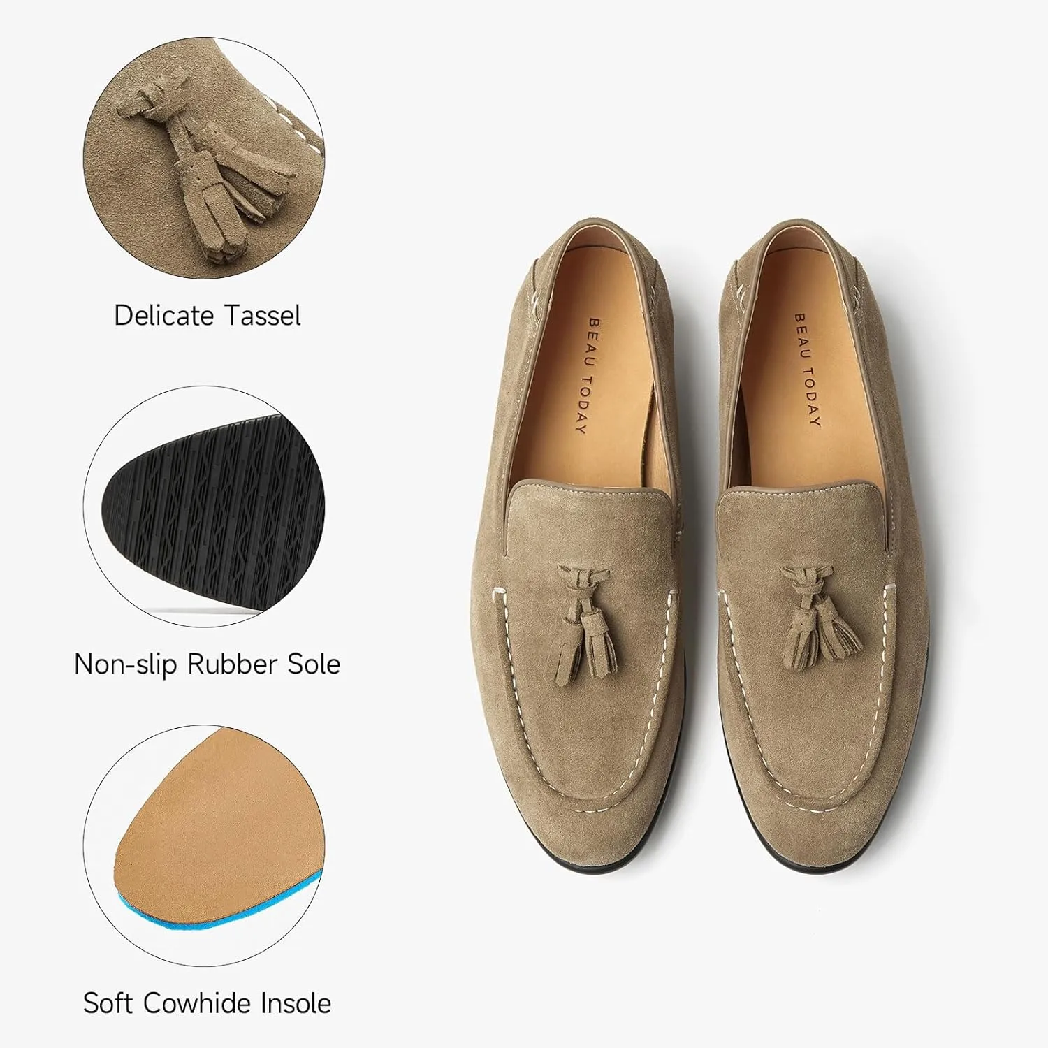 BEAU TODAY Loafers for Men, Genuine Leather Suede Loafers, Lightweight Slip-on Mens Flat Moccasins, Casual Men's Penny Loafers Driving Shoes