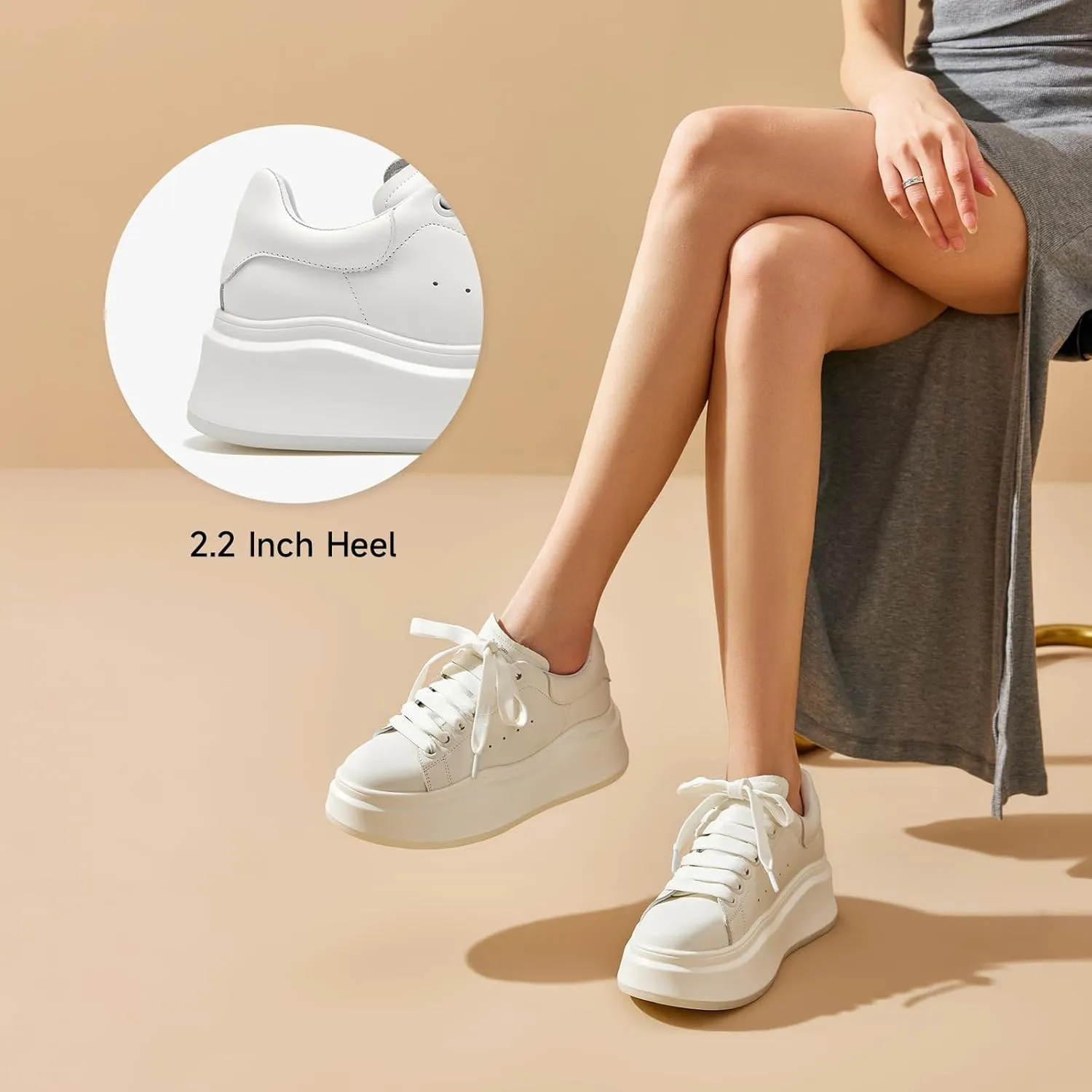 BEAU TODAY Platform White Sneakers for Women, Womens Leather Casual Tennis Shoes, Chunky Fashion Cute Comfortable Lace-up Slip-on Dress Sneakers