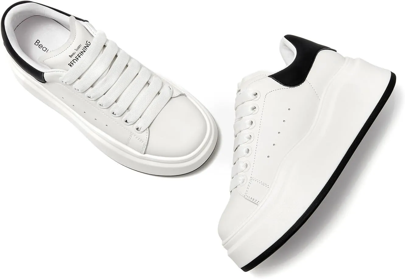 BEAU TODAY Platform White Sneakers for Women, Womens Leather Casual Tennis Shoes, Chunky Fashion Cute Comfortable Lace-up Slip-on Dress Sneakers