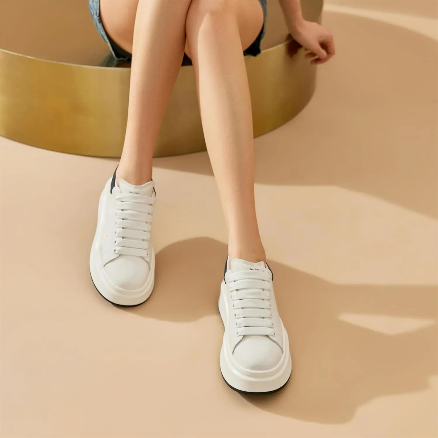 BEAU TODAY Platform White Sneakers for Women, Womens Leather Casual Tennis Shoes, Chunky Fashion Cute Comfortable Lace-up Slip-on Dress Sneakers