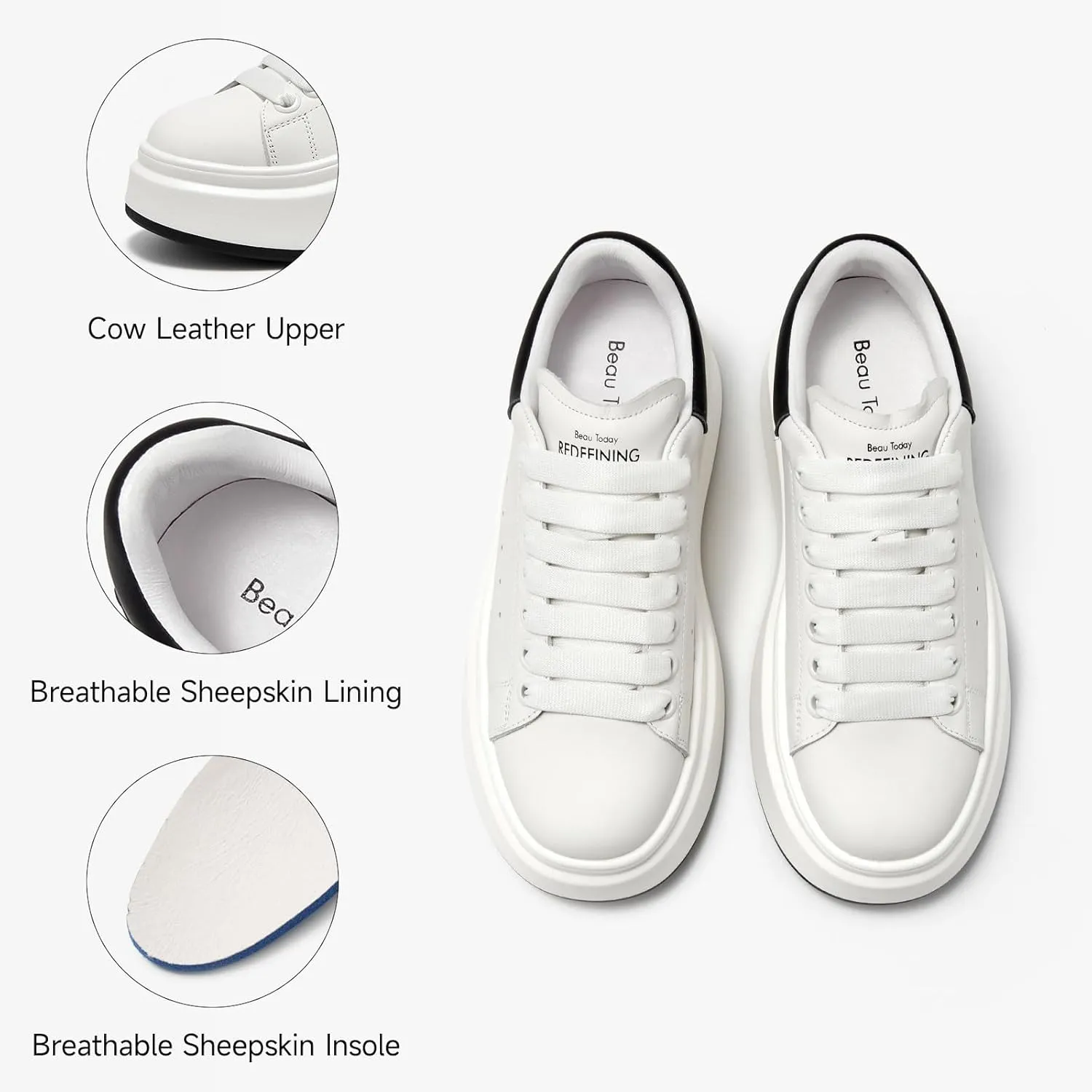 BEAU TODAY Platform White Sneakers for Women, Womens Leather Casual Tennis Shoes, Chunky Fashion Cute Comfortable Lace-up Slip-on Dress Sneakers