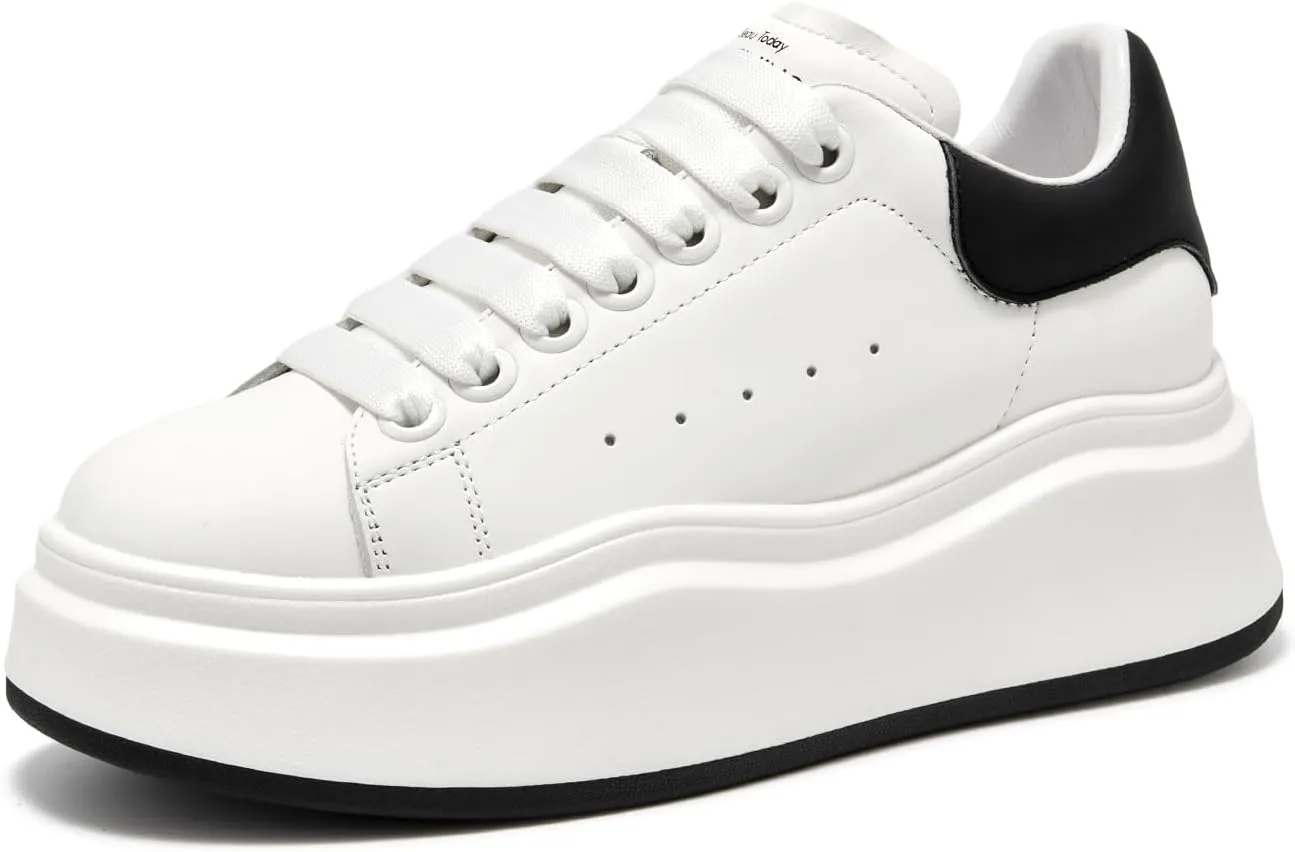 BEAU TODAY Platform White Sneakers for Women, Womens Leather Casual Tennis Shoes, Chunky Fashion Cute Comfortable Lace-up Slip-on Dress Sneakers