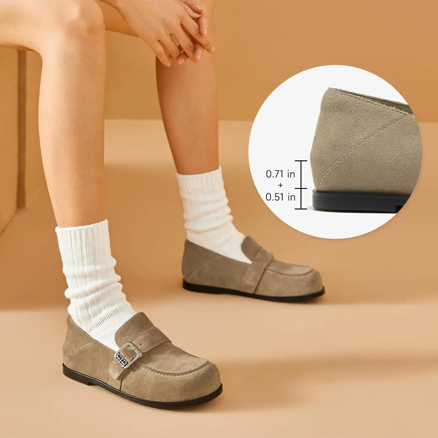 BEAU TODAY Suede Leather Loafers Women, Women’s Slip On Wide Width Loafers Flats Shoes, Footbed Comfortable Casual Dress Potato Shoes with Arch Support and Adjustable Buckle