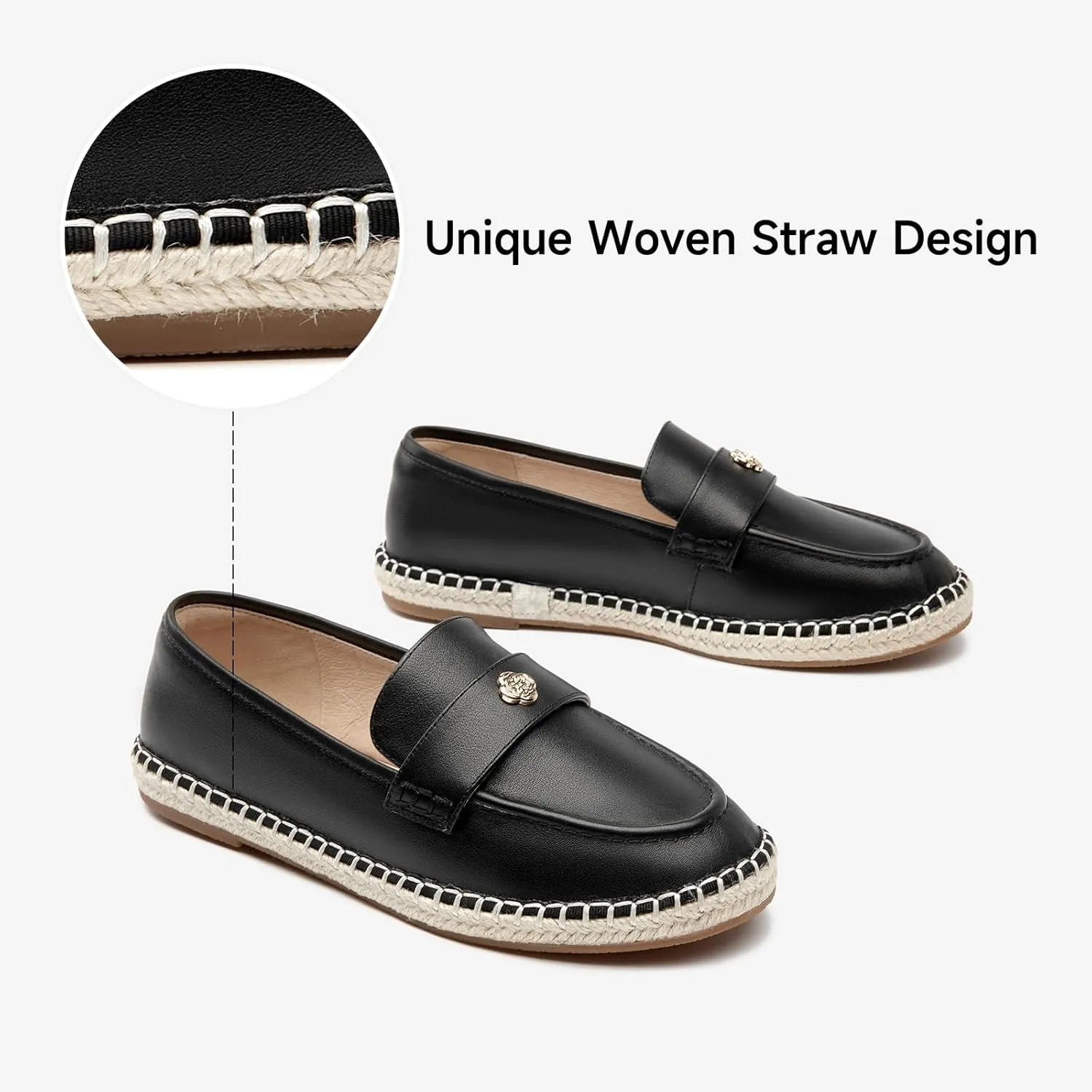 BEAU TODAY Women's Black Solid Casual Loafers, Breathable Lightweight Penny Loafers for Women, Slip-On Leather Loafers, Walking Flats