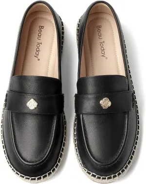 BEAU TODAY Women's Black Solid Casual Loafers, Breathable Lightweight Penny Loafers for Women, Slip-On Leather Loafers, Walking Flats