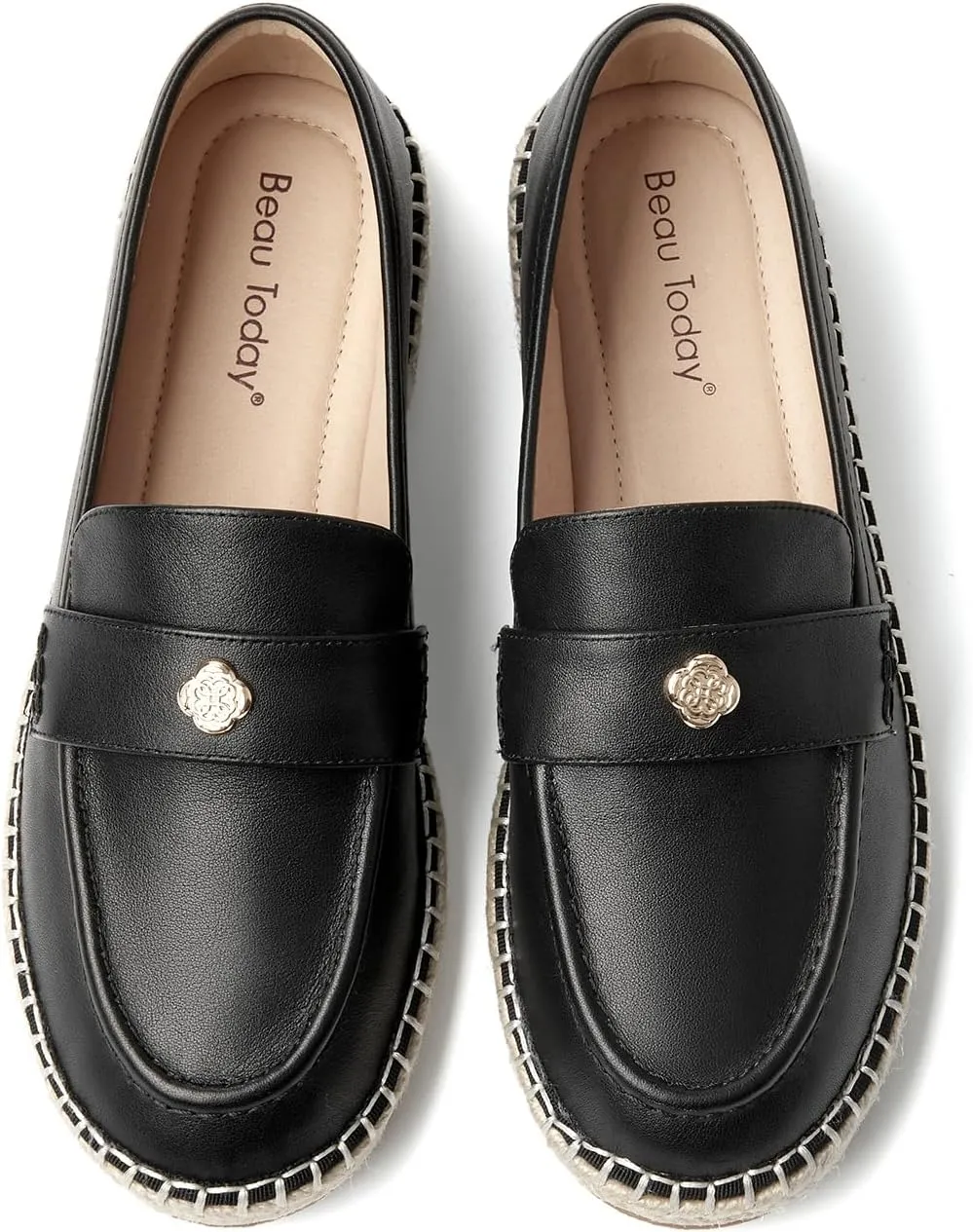 BEAU TODAY Women's Black Solid Casual Loafers, Breathable Lightweight Penny Loafers for Women, Slip-On Leather Loafers, Walking Flats