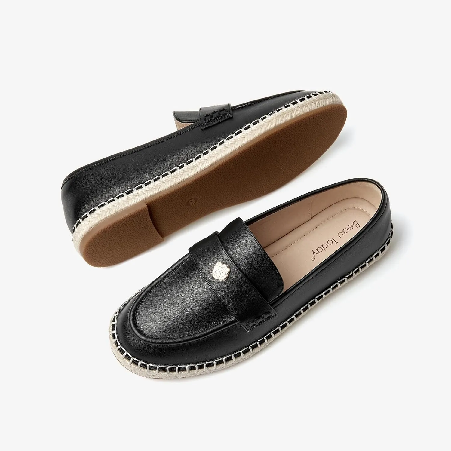 BEAU TODAY Women's Black Solid Casual Loafers, Breathable Lightweight Penny Loafers for Women, Slip-On Leather Loafers, Walking Flats