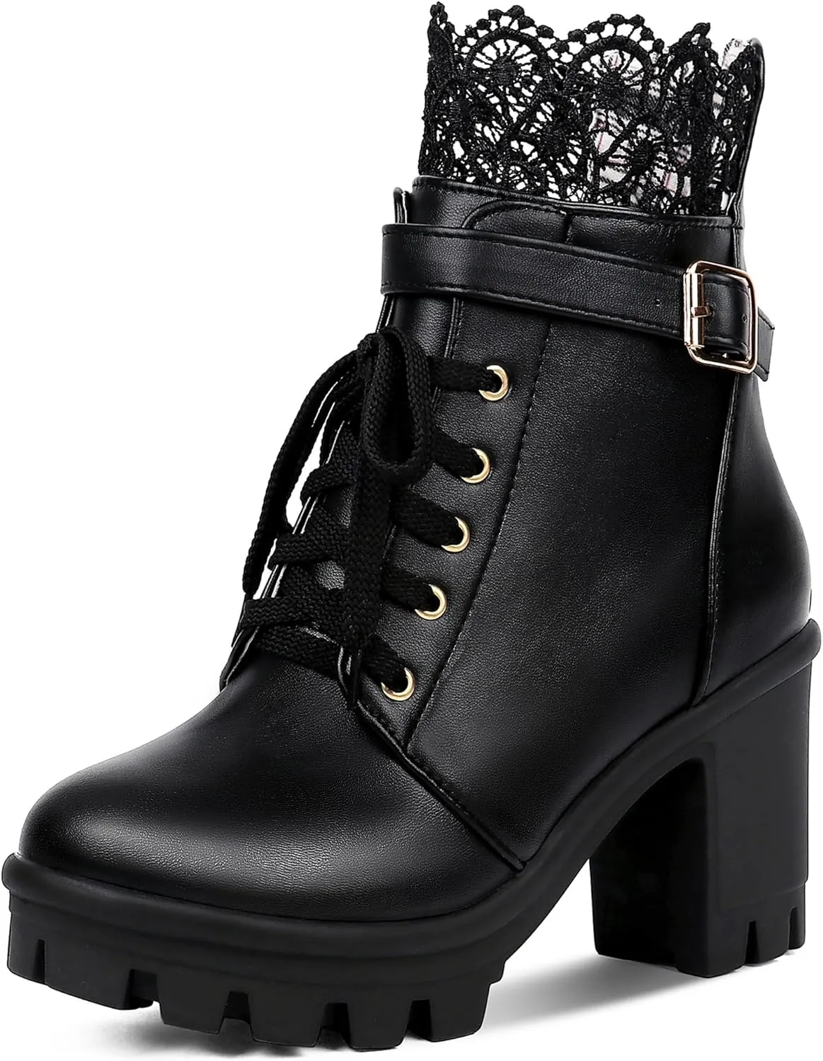 BEAUPAS Women's Chunky Platform High Heel Boots Lace Up Gothic Ankle Booties Block Heel Buckle Punk Shoes