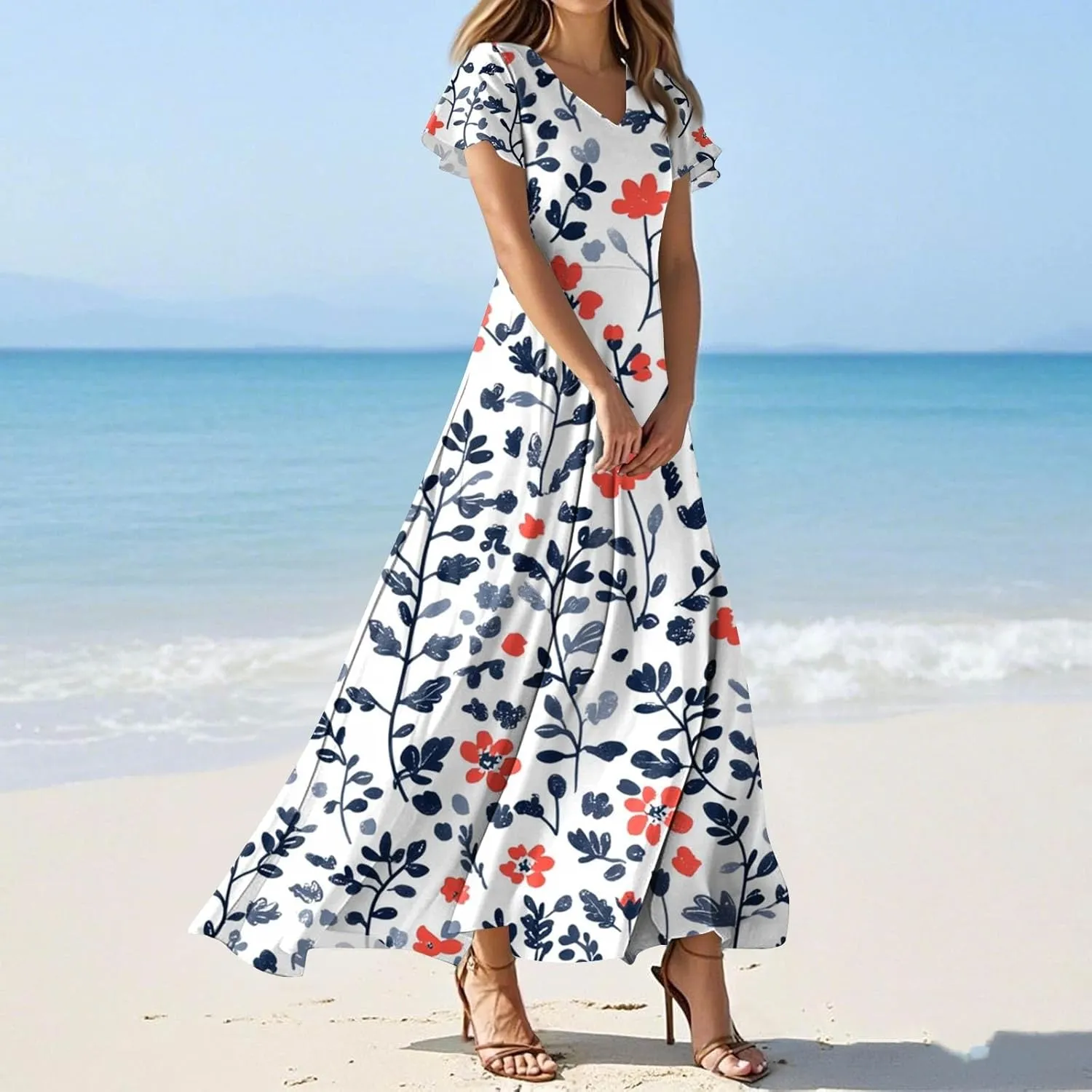Beautiful School Tunic Dress Woman Wide Sleeve Crops Sheer Dress Lady Floral Printed Soft Summer High Waist Dresses