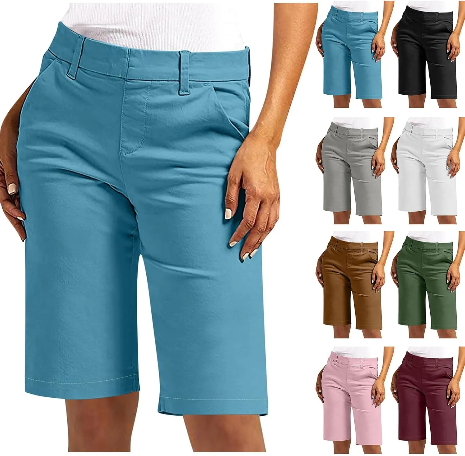 Bermuda Shorts for Women Casual Summer High Waisted Stretchy Chino Shorts Knee Length Straight Leg Pants