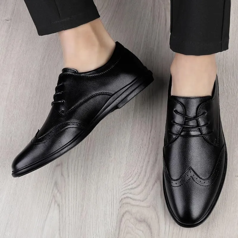 Black Fashion Wedding Shoes, Men's Genuine Leather Dress Breathable Shoes, Casual Social Footwear for Men, Luxury Cowhide Lace-Up Business Shoes