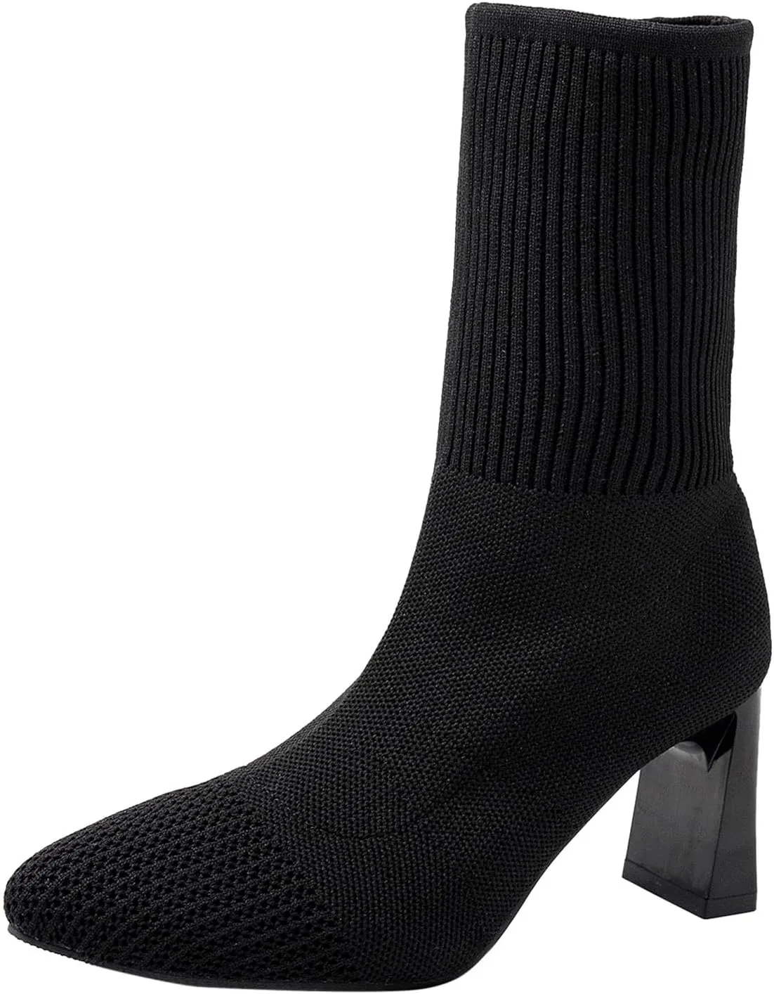 Boots for Women Knit Sock Ankle Booties Chunky Heel Pointed Toe Casual Slip on Comfortable Fall Winter Boots Black Side Zip Classic Ladies Booties Women Shoes