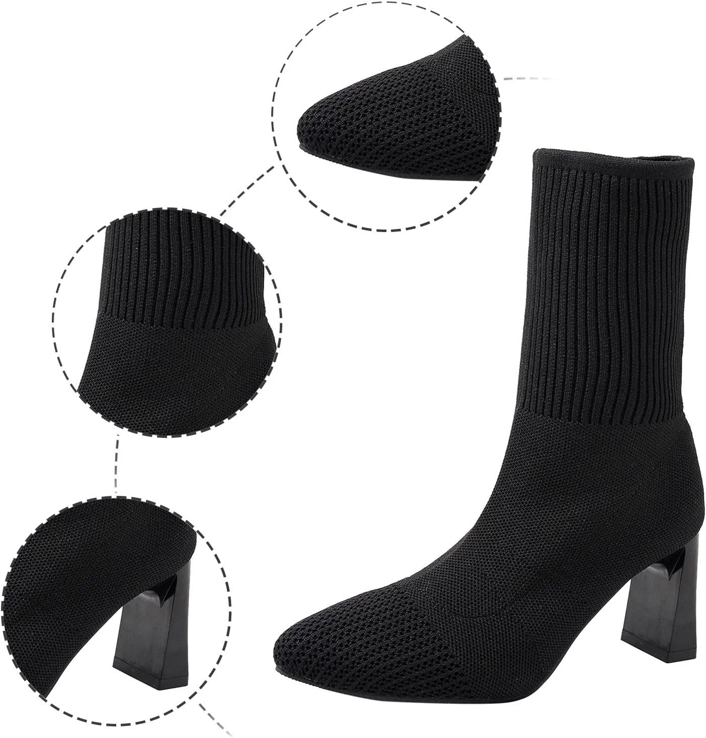 Boots for Women Knit Sock Ankle Booties Chunky Heel Pointed Toe Casual Slip on Comfortable Fall Winter Boots Black Side Zip Classic Ladies Booties Women Shoes