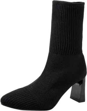 Boots for Women Knit Sock Ankle Booties Chunky Heel Pointed Toe Casual Slip on Comfortable Fall Winter Boots Black Side Zip Classic Ladies Booties Women Shoes