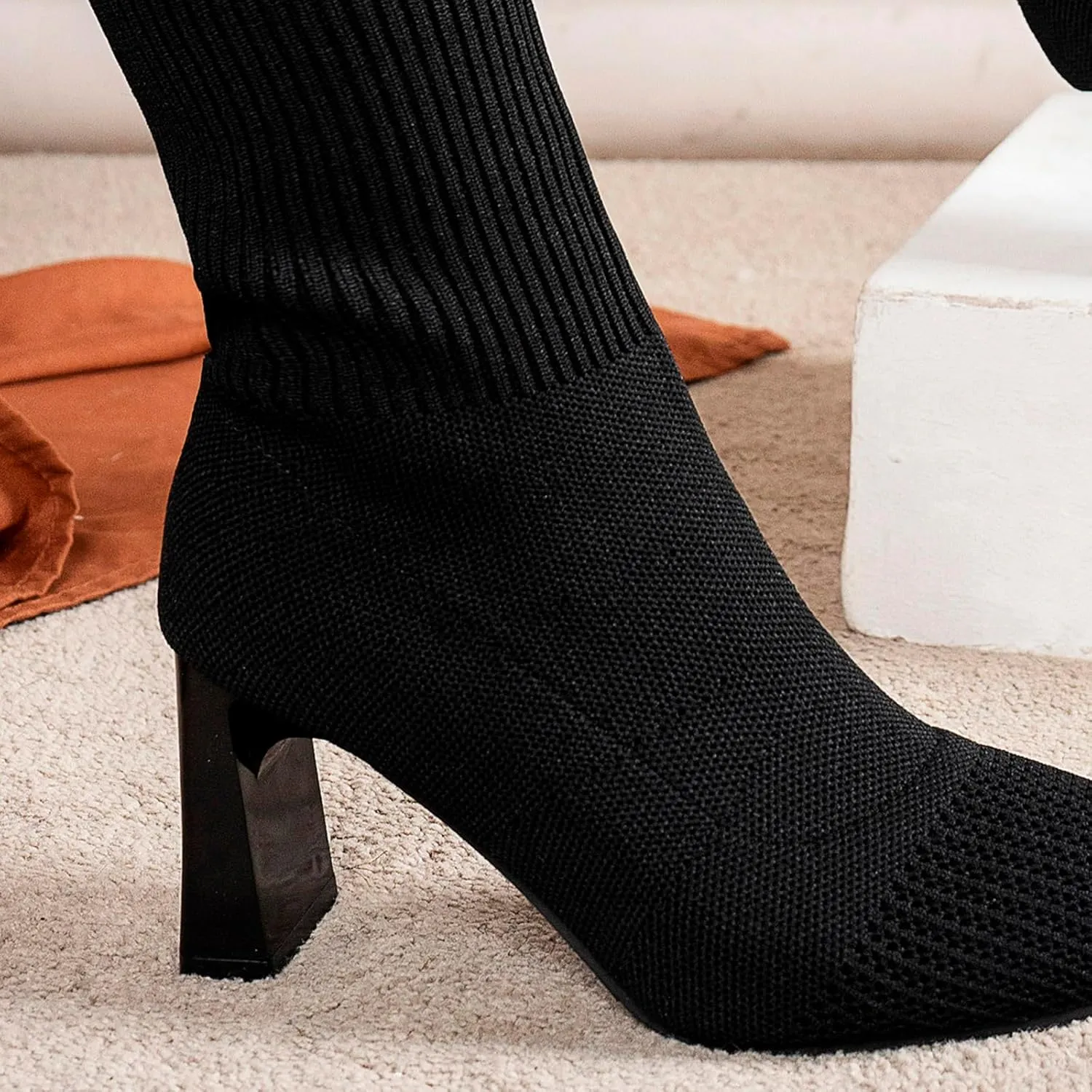 Boots for Women Knit Sock Ankle Booties Chunky Heel Pointed Toe Casual Slip on Comfortable Fall Winter Boots Black Side Zip Classic Ladies Booties Women Shoes