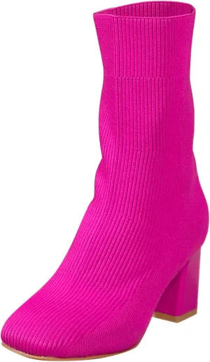 Boots for Women Knit Sock Mid Calf Boots Chunky Heel Knitted Fashion Slip on Comfortable Fall Winter Boots Black Side Zip Classic Ladies Boots Women Booties