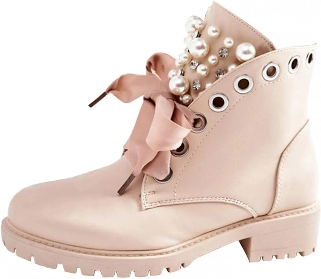 BORAMAX Sandals Cowboy Boots for Women Pearl Lace Up Platform Boots Slip On Ankle Booties Fashion Hiking Womens Boots
