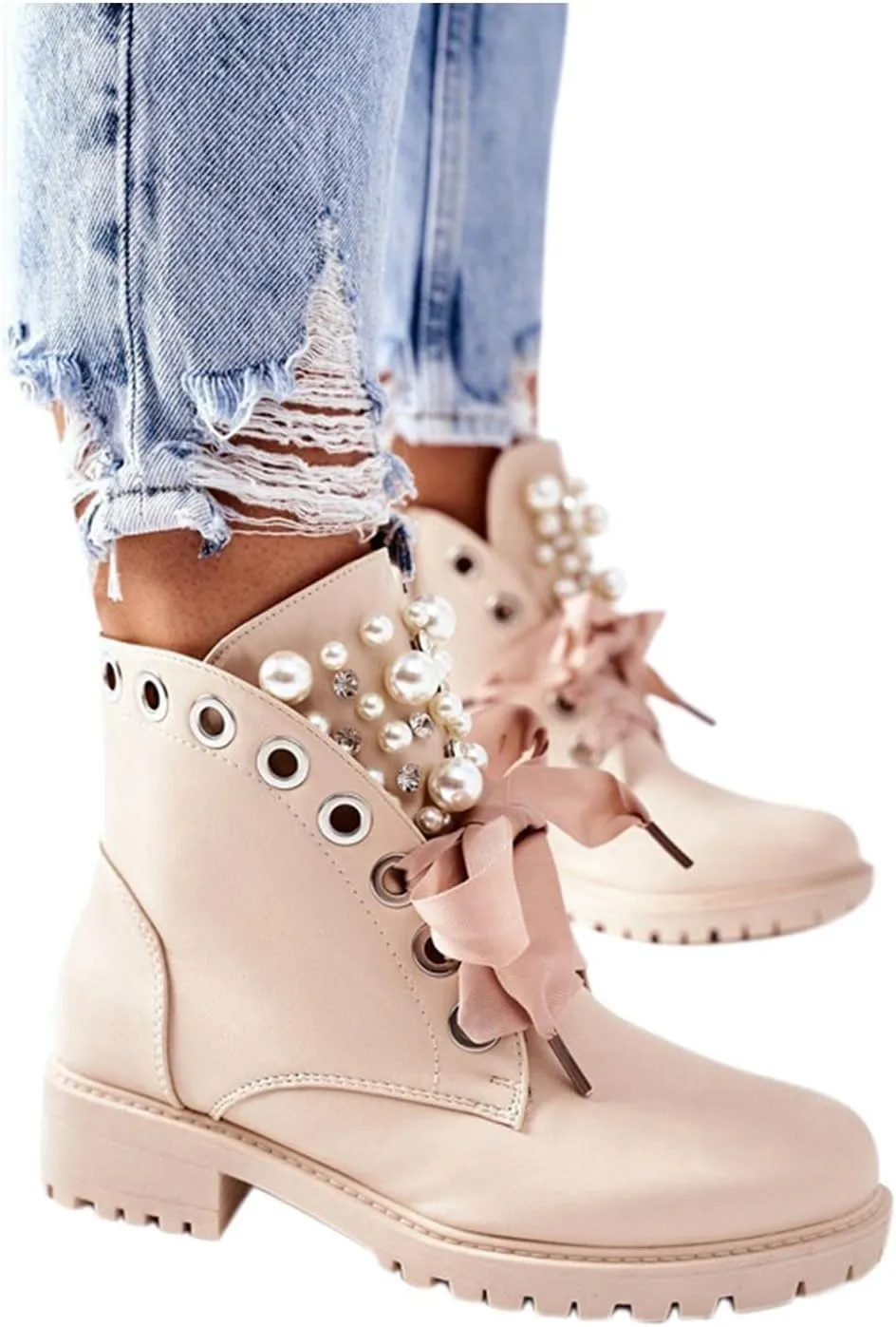 BORAMAX Sandals Cowboy Boots for Women Pearl Lace Up Platform Boots Slip On Ankle Booties Fashion Hiking Womens Boots