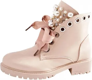 BORAMAX Sandals Cowboy Boots for Women Pearl Lace Up Platform Boots Slip On Ankle Booties Fashion Hiking Womens Boots