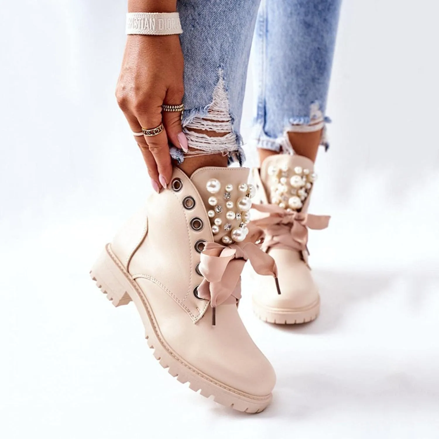 BORAMAX Sandals Cowboy Boots for Women Pearl Lace Up Platform Boots Slip On Ankle Booties Fashion Hiking Womens Boots