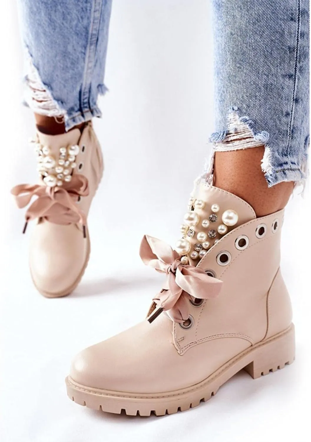 BORAMAX Sandals Cowboy Boots for Women Pearl Lace Up Platform Boots Slip On Ankle Booties Fashion Hiking Womens Boots