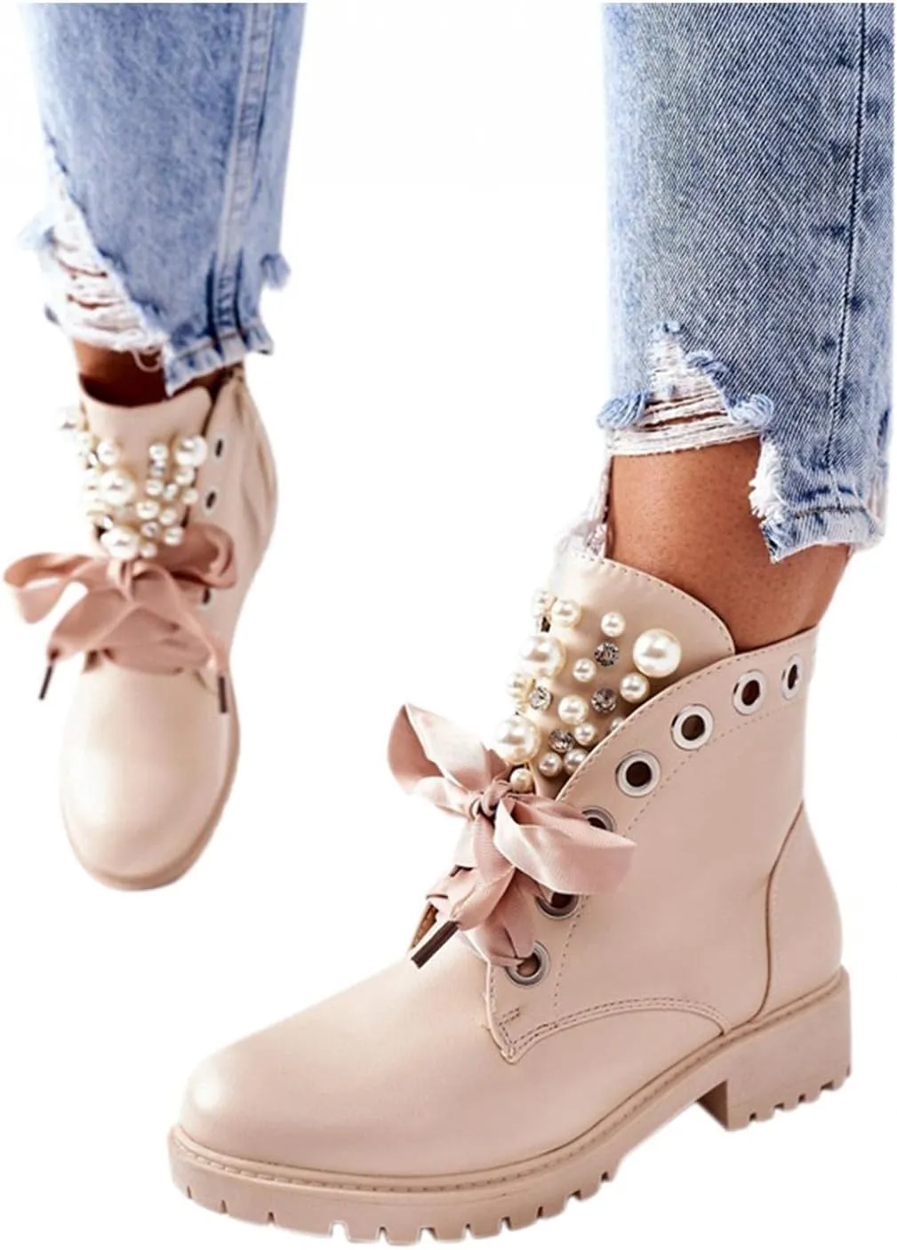 BORAMAX Sandals Cowboy Boots for Women Pearl Lace Up Platform Boots Slip On Ankle Booties Fashion Hiking Womens Boots