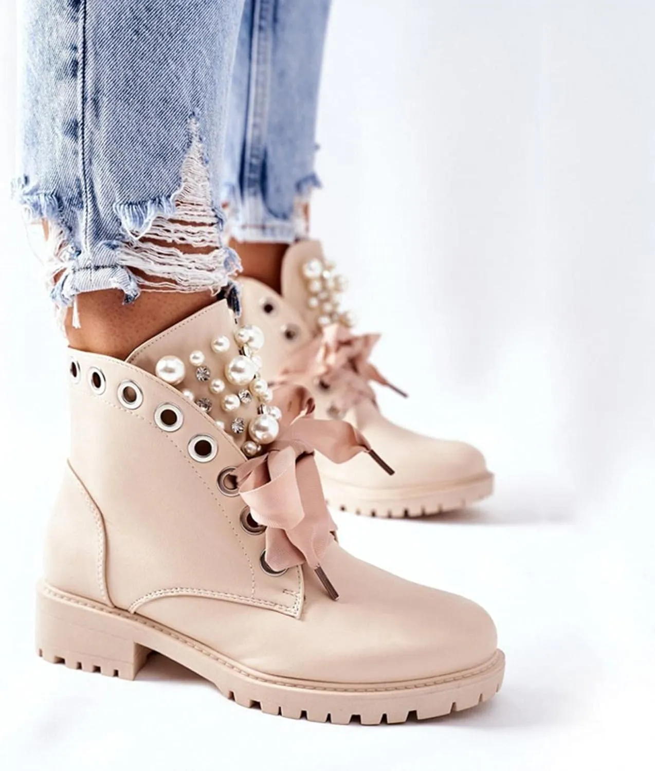BORAMAX Sandals Cowboy Boots for Women Pearl Lace Up Platform Boots Slip On Ankle Booties Fashion Hiking Womens Boots