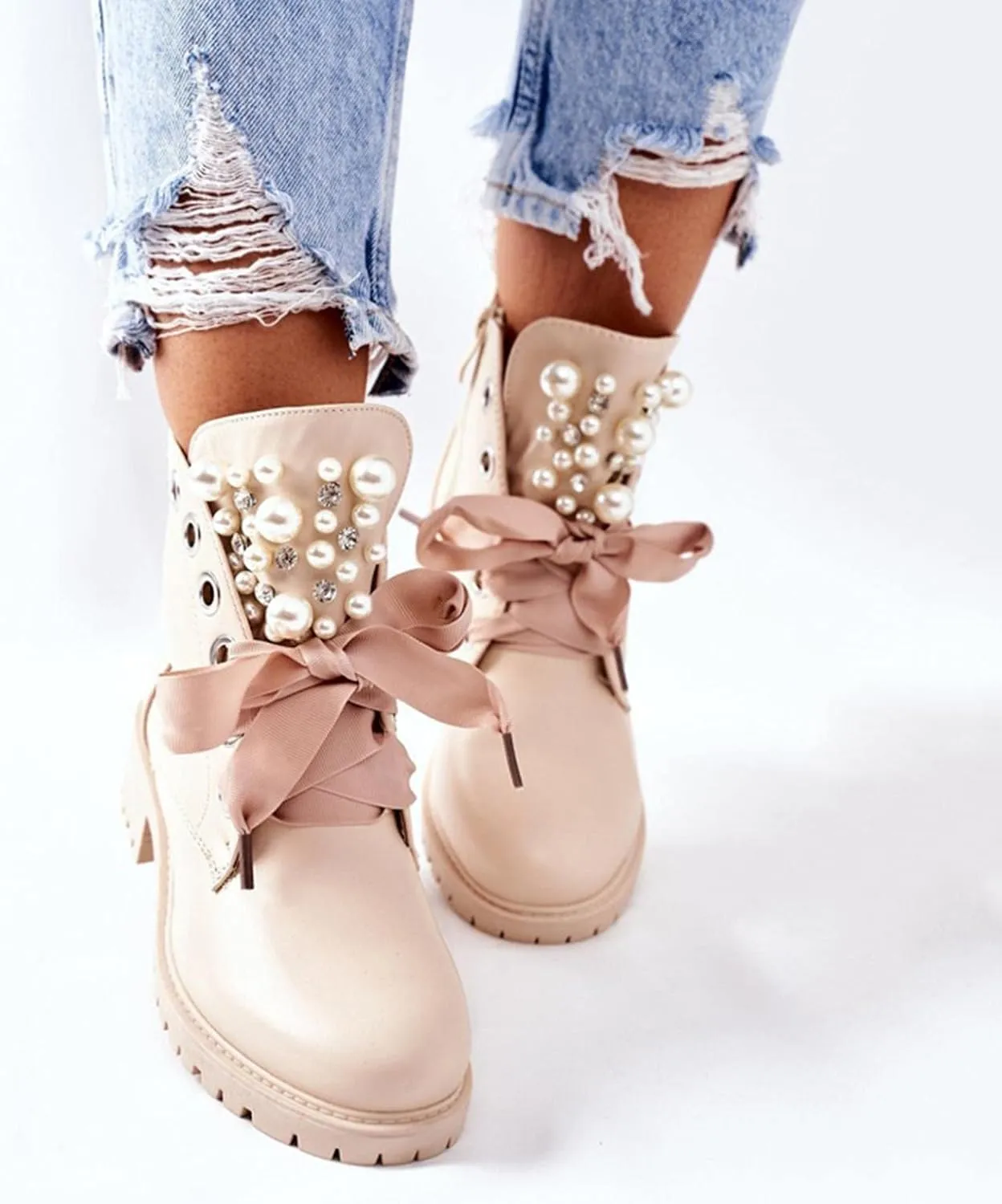 BORAMAX Sandals Cowboy Boots for Women Pearl Lace Up Platform Boots Slip On Ankle Booties Fashion Hiking Womens Boots