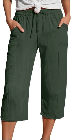Capri Linen Pants for Women Casual Loose Wide Leg Cropped Pants Summer Comfy High Waisted Palazzo Pants