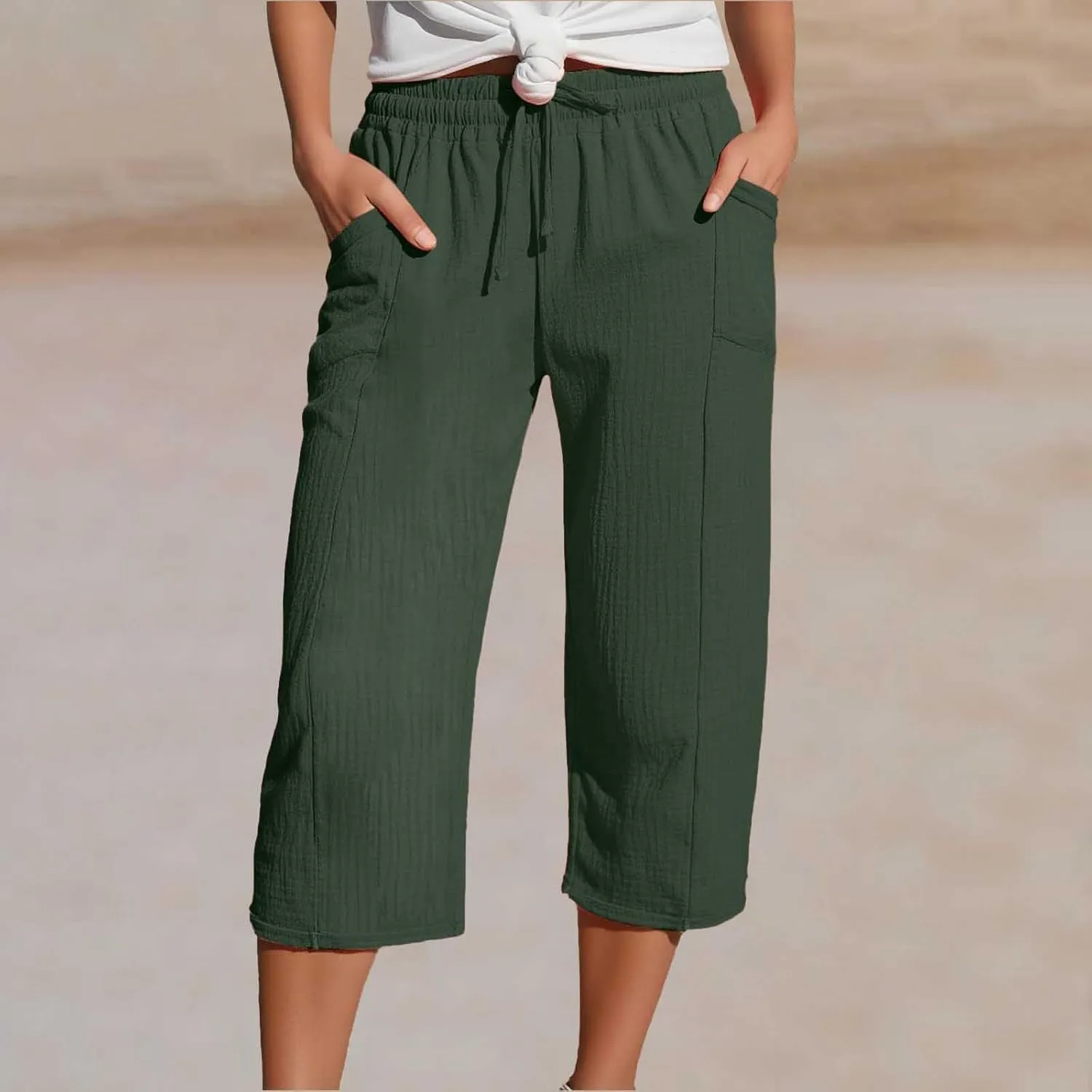Capri Linen Pants for Women Casual Loose Wide Leg Cropped Pants Summer Comfy High Waisted Palazzo Pants