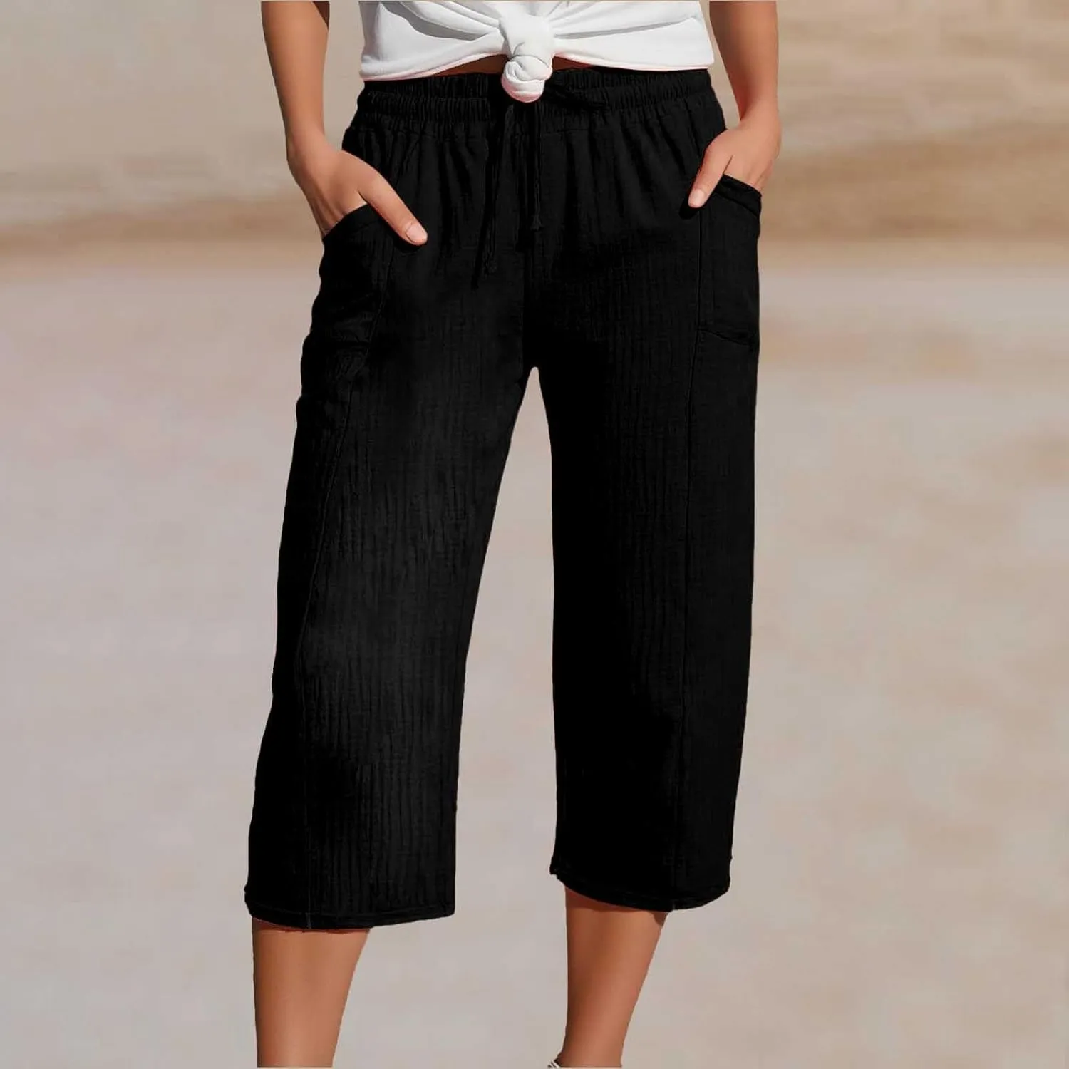Capri Linen Pants for Women Casual Loose Wide Leg Cropped Pants Summer Comfy High Waisted Palazzo Pants