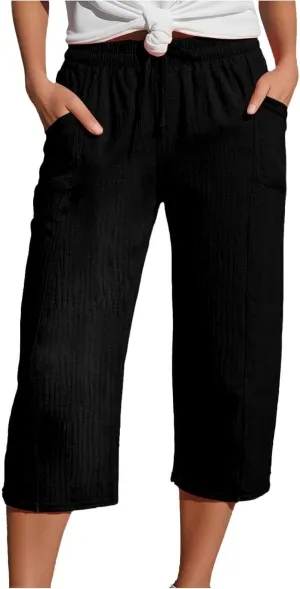 Capri Linen Pants for Women Casual Loose Wide Leg Cropped Pants Summer Comfy High Waisted Palazzo Pants