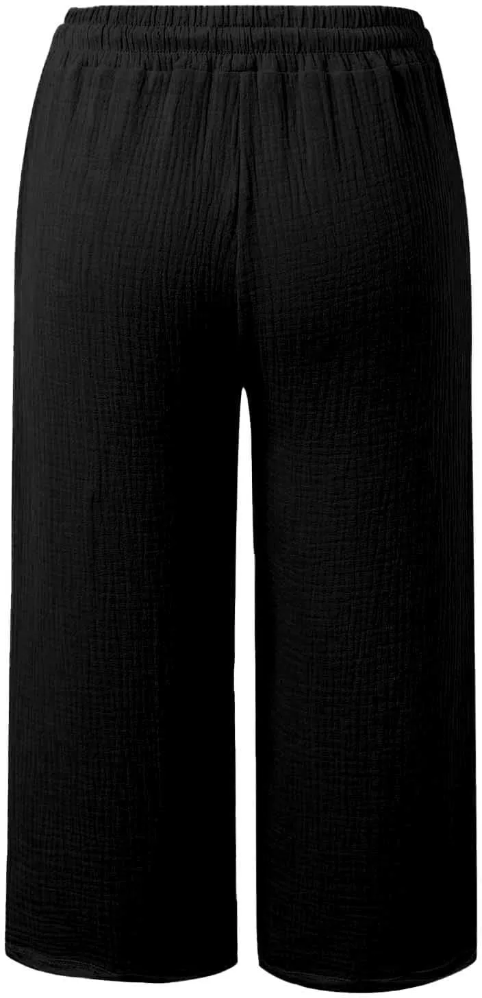 Capri Linen Pants for Women Casual Loose Wide Leg Cropped Pants Summer Comfy High Waisted Palazzo Pants