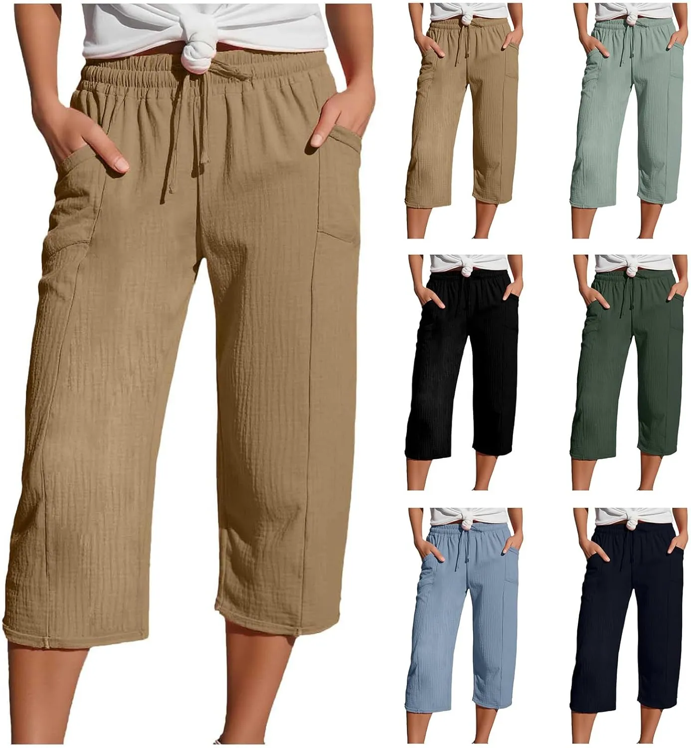 Capri Linen Pants for Women Casual Loose Wide Leg Cropped Pants Summer Comfy High Waisted Palazzo Pants