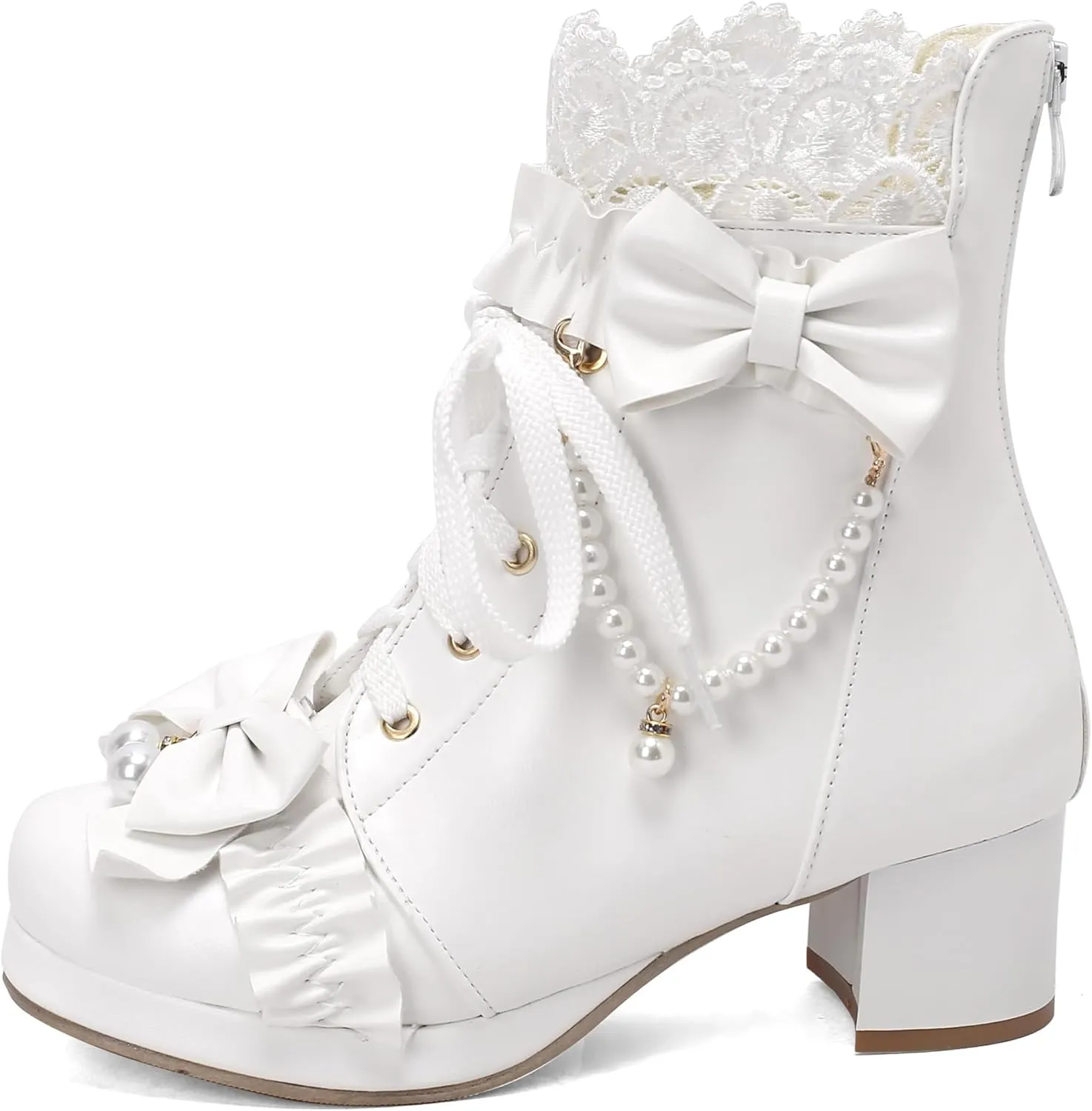 Caradise Women's Kawaii Lolita Platform Chunky Mid Heel Boots Cute Lace Up Ankle Booties with Bow Cosplay Uniform Dress Shoes