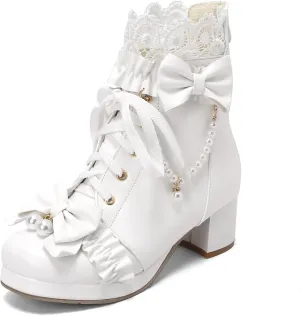 Caradise Women's Kawaii Lolita Platform Chunky Mid Heel Boots Cute Lace Up Ankle Booties with Bow Cosplay Uniform Dress Shoes
