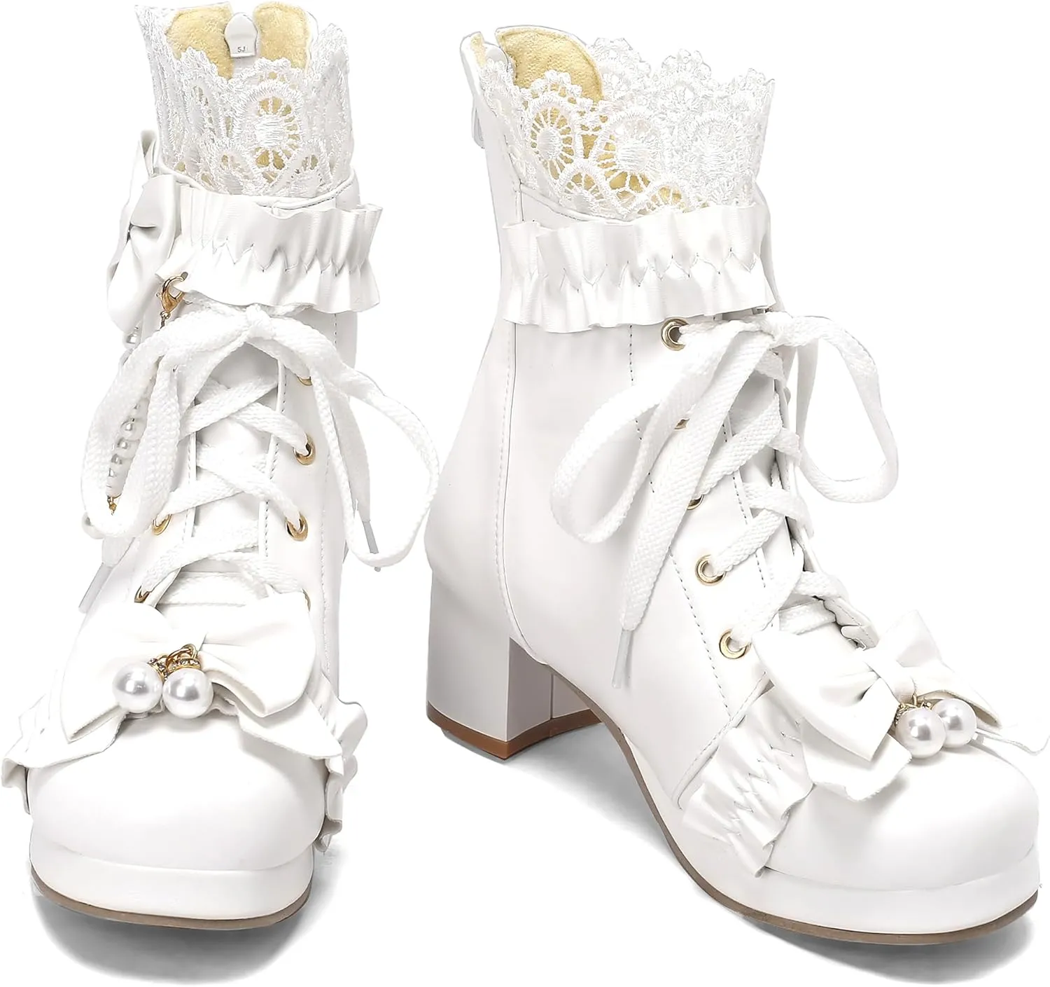 Caradise Women's Kawaii Lolita Platform Chunky Mid Heel Boots Cute Lace Up Ankle Booties with Bow Cosplay Uniform Dress Shoes